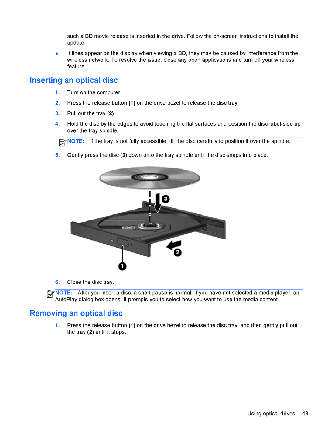 HP B5Z50UAR#ABA manual Inserting an optical disc, Removing an optical disc 