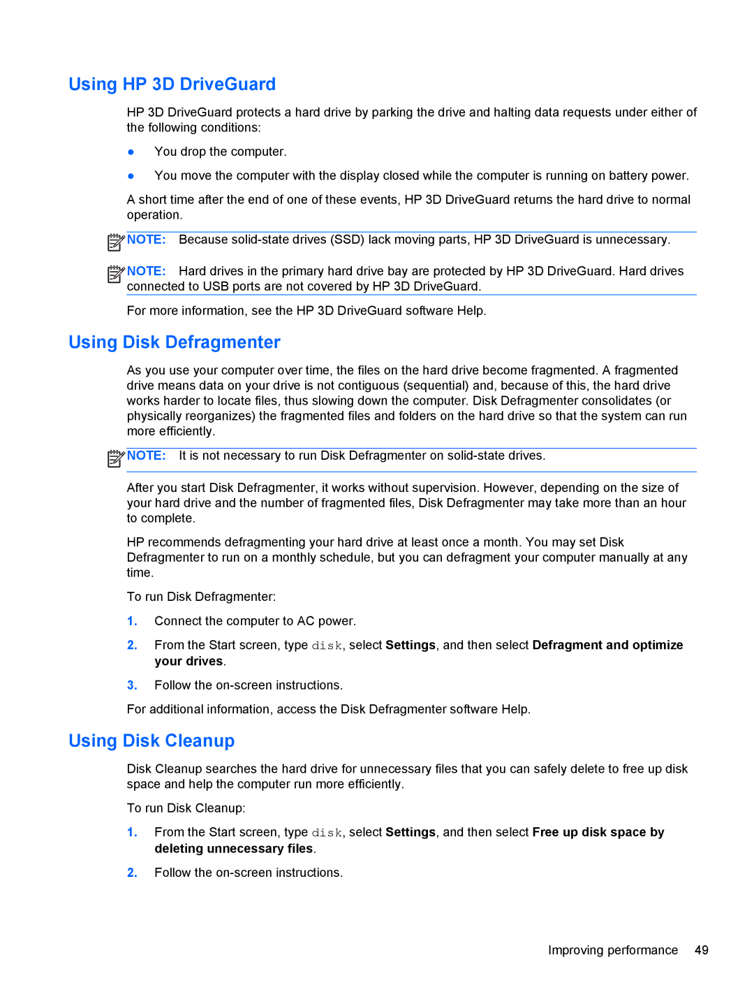 HP B5Z50UAR#ABA manual Using HP 3D DriveGuard, Using Disk Defragmenter, Using Disk Cleanup 