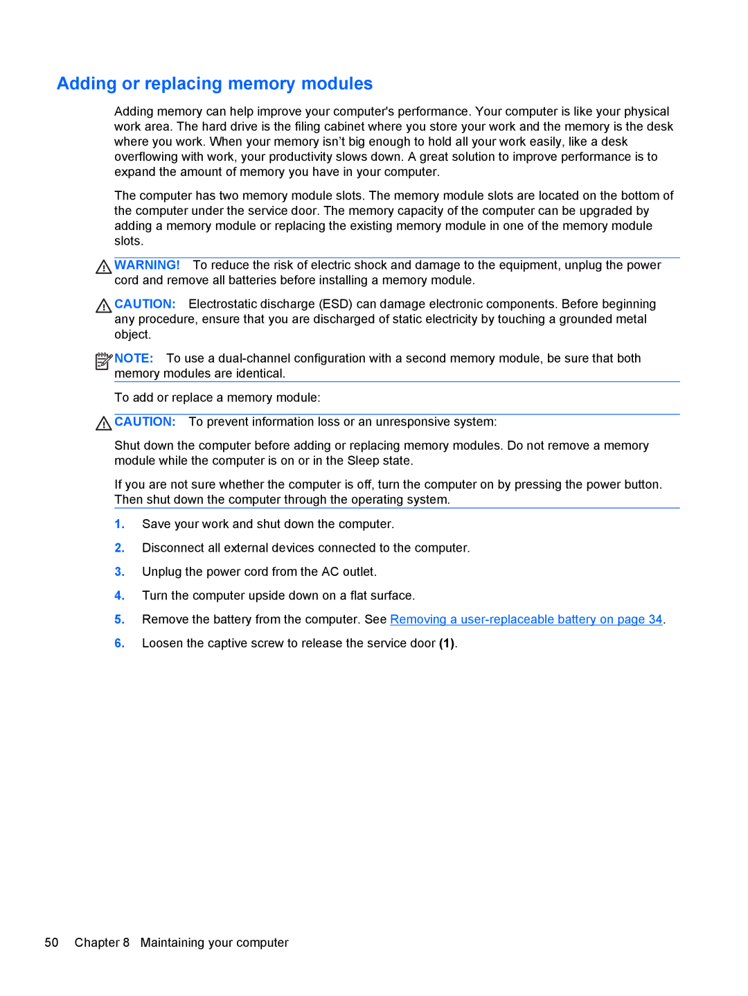 HP B5Z50UAR#ABA manual Adding or replacing memory modules 