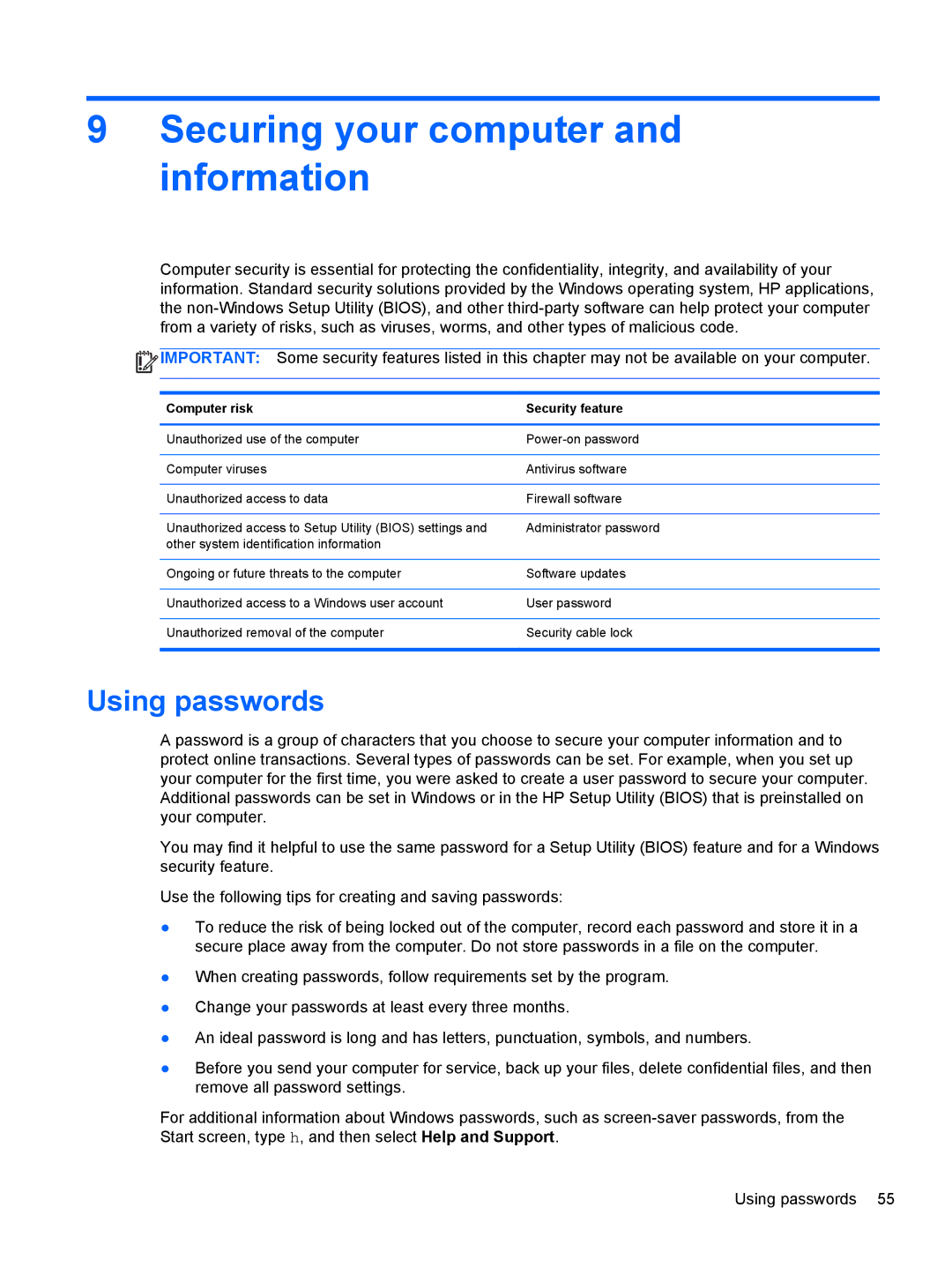 HP B5Z50UAR#ABA manual Securing your computer and information, Using passwords, Computer risk Security feature 