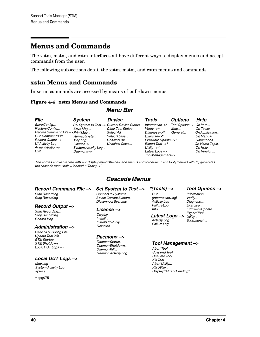 HP B6191-90015a manual Xstm Menus and Commands, Xstm, commands are accessed by means of pull-down menus 