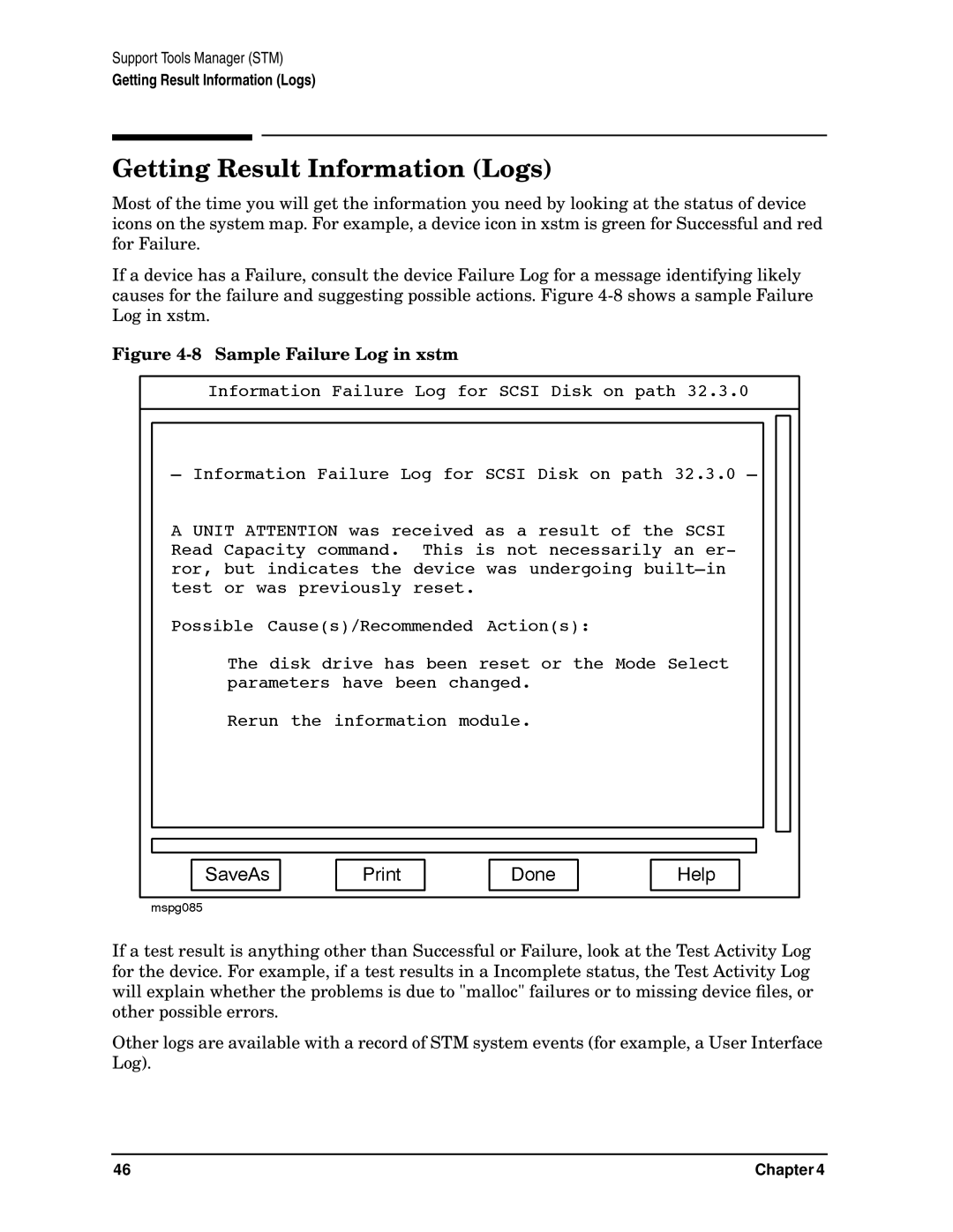 HP B6191-90015a manual Getting Result Information Logs, Sample Failure Log in xstm 