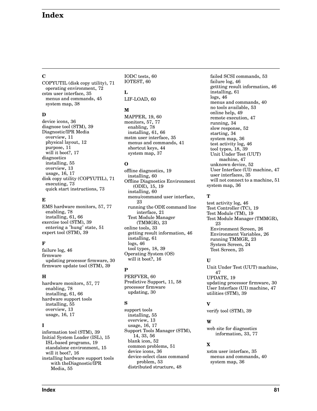 HP B6191-90015a manual Index, Iotest LIF-LOAD,60 