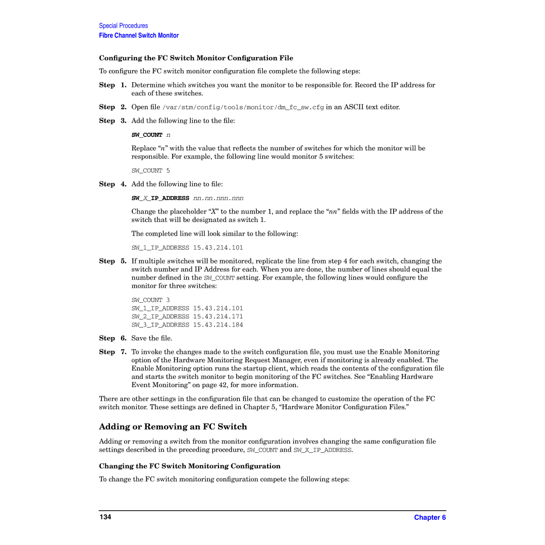 HP B6191-90029 manual Adding or Removing an FC Switch, Conﬁguring the FC Switch Monitor Conﬁguration File 