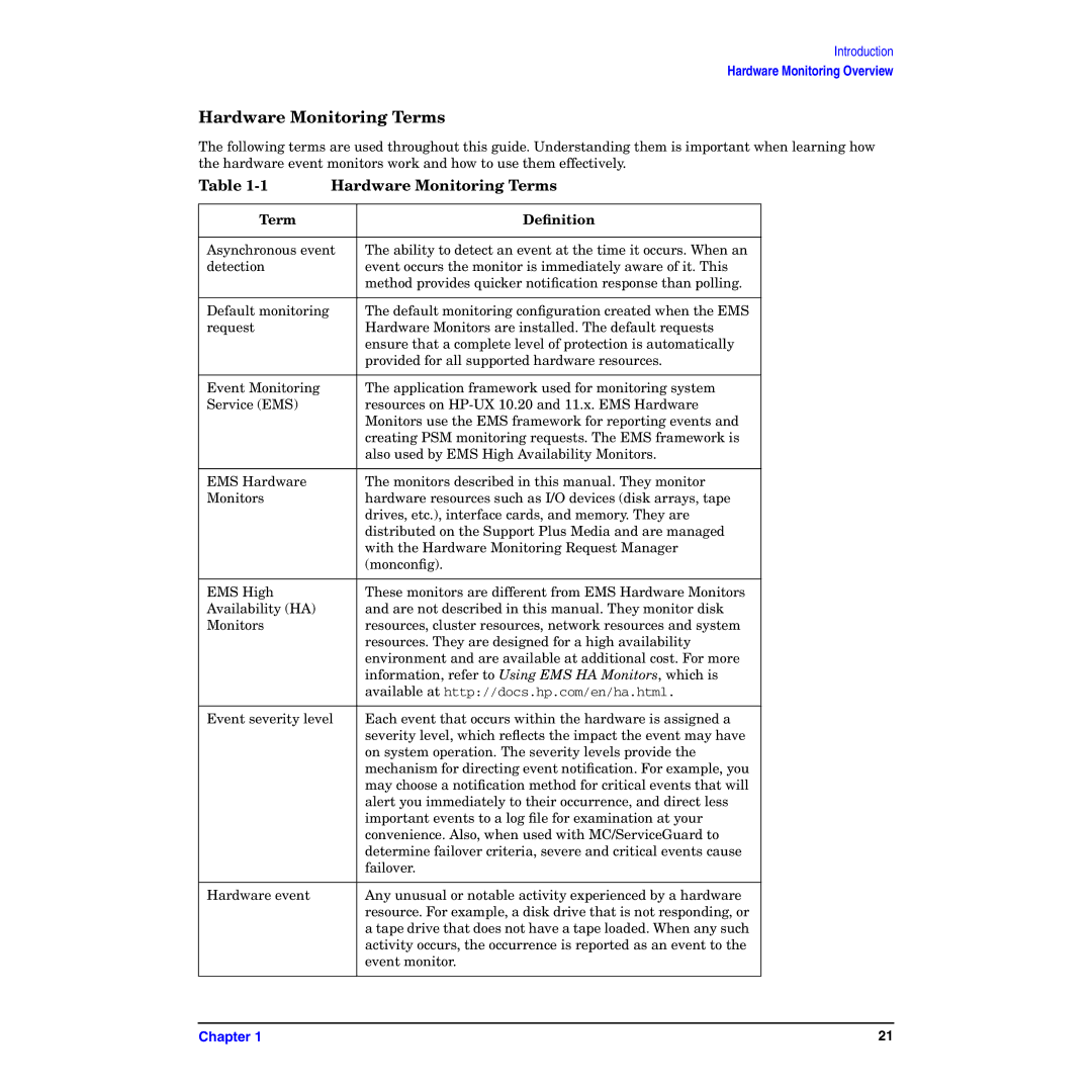 HP B6191-90029 manual Hardware Monitoring Terms, Term Deﬁnition 