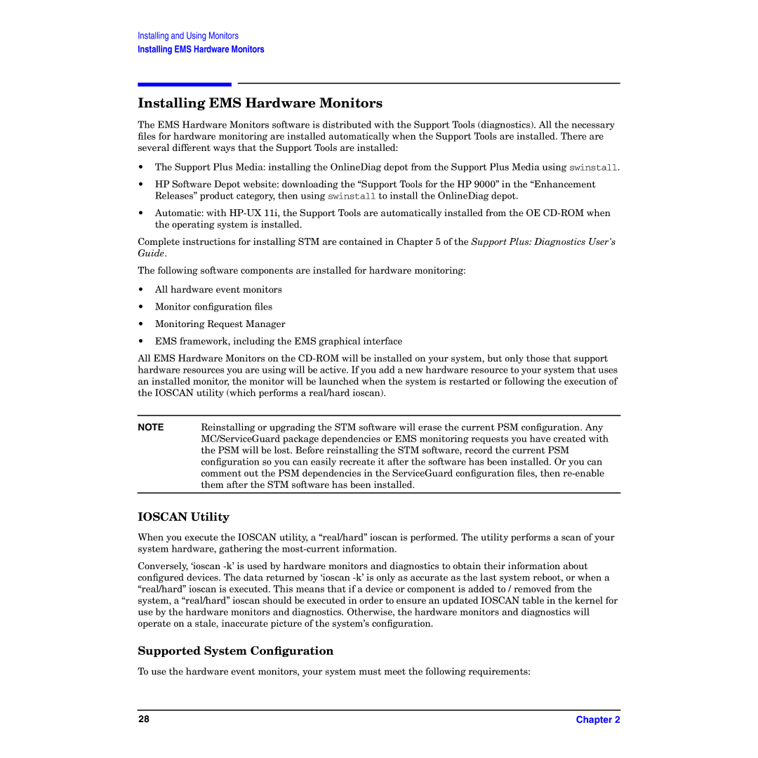 HP B6191-90029 manual Installing EMS Hardware Monitors, Ioscan Utility, Supported System Conﬁguration 