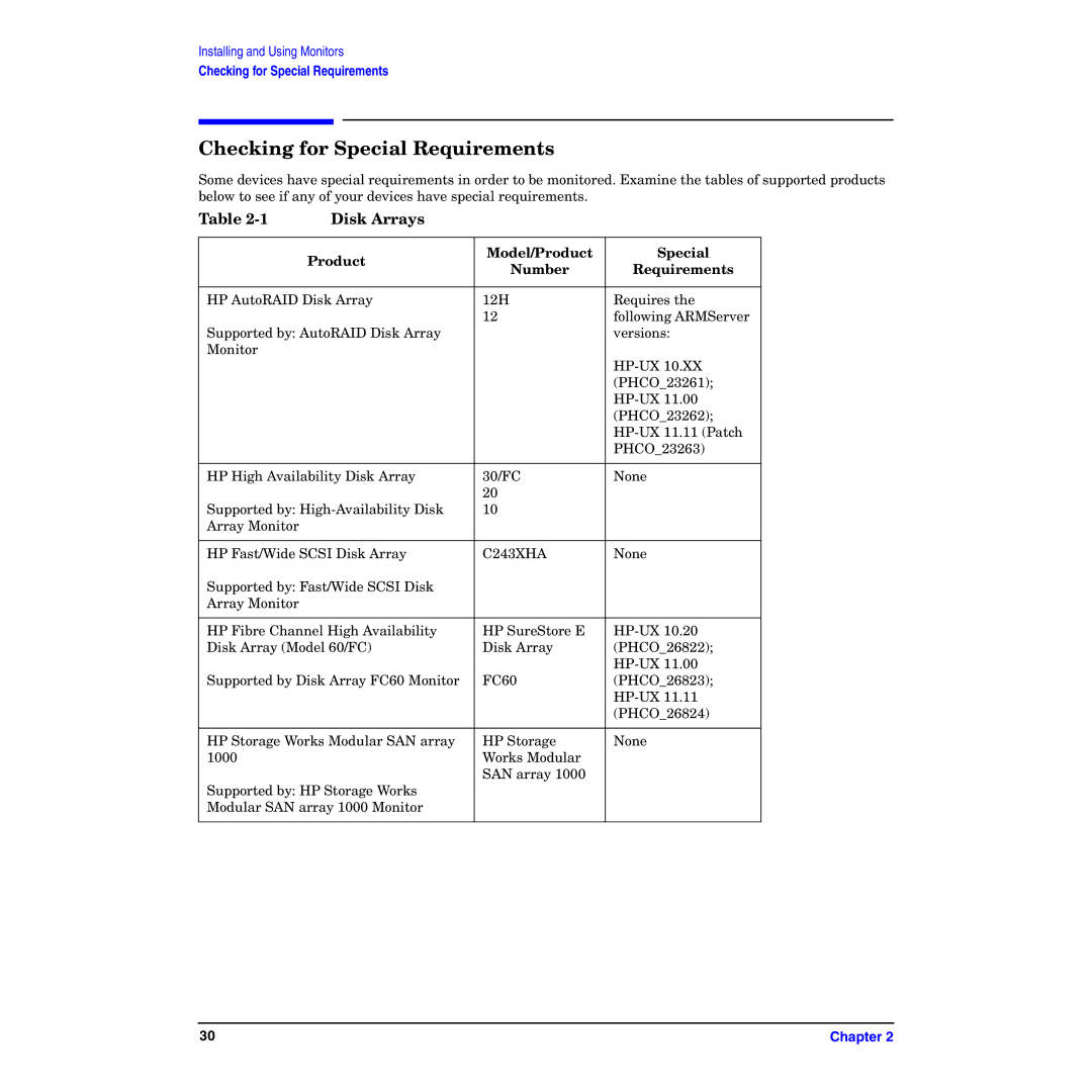 HP B6191-90029 manual Checking for Special Requirements, Disk Arrays, Product Model/Product Special Number Requirements 