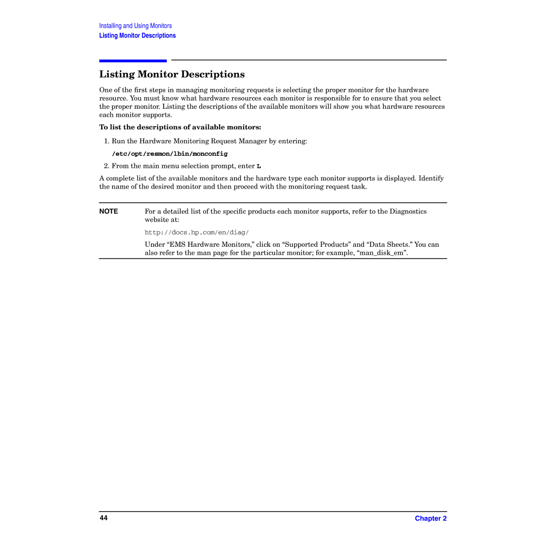 HP B6191-90029 manual Listing Monitor Descriptions, To list the descriptions of available monitors 