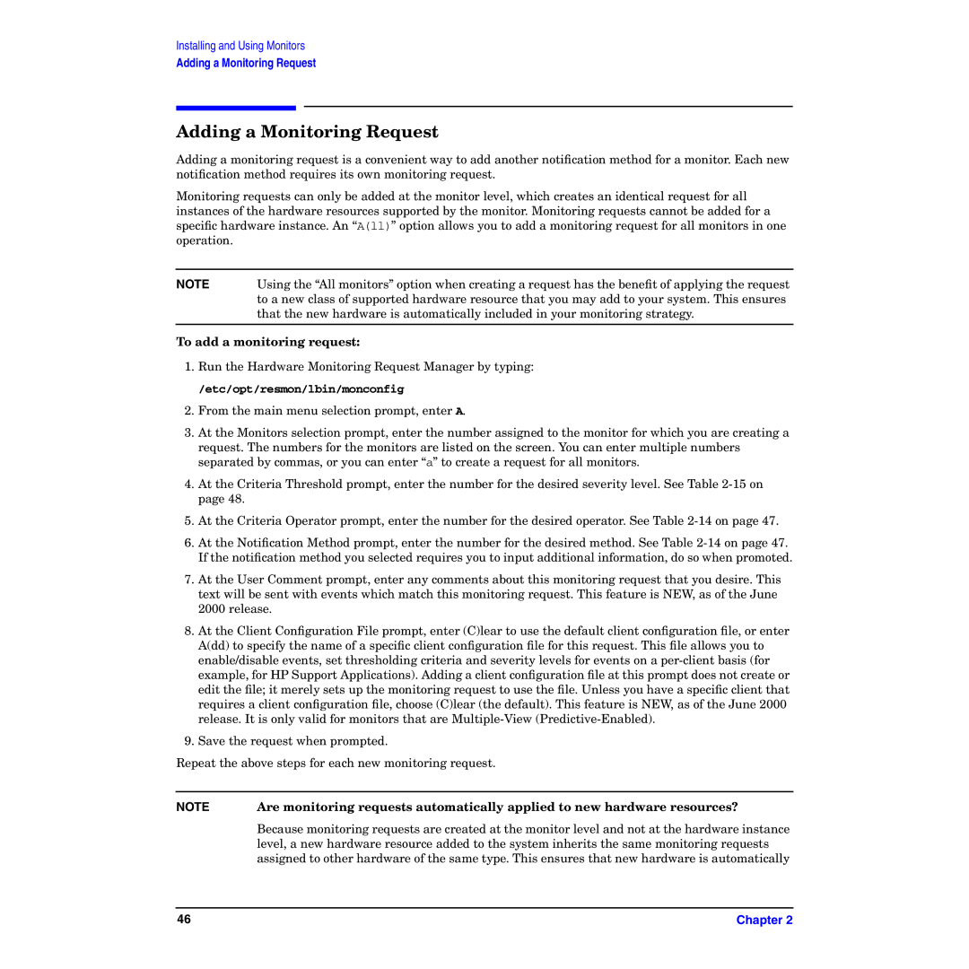 HP B6191-90029 manual Adding a Monitoring Request, To add a monitoring request 