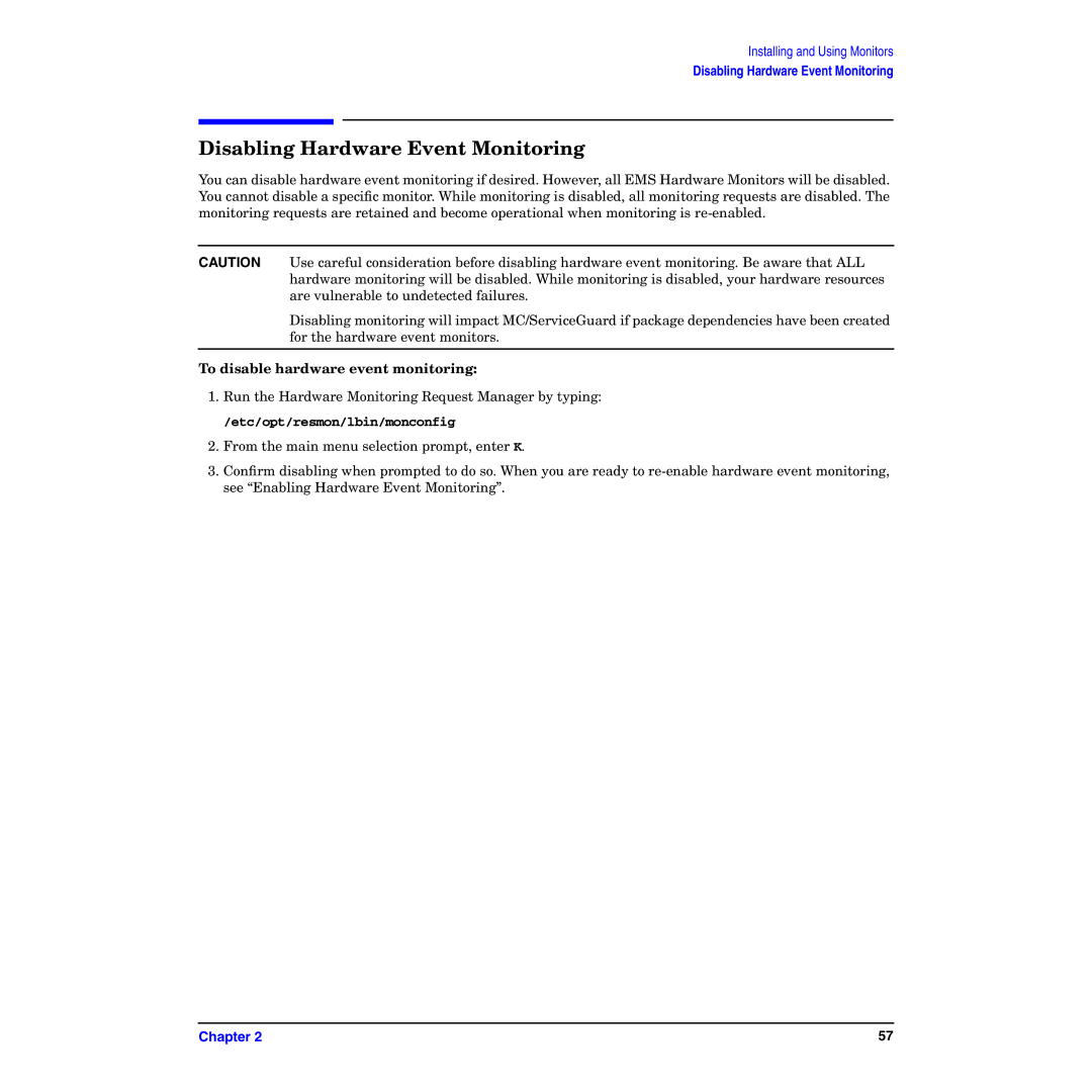 HP B6191-90029 manual Disabling Hardware Event Monitoring, To disable hardware event monitoring 