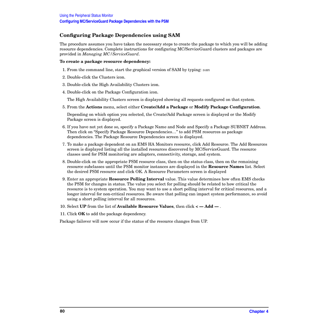 HP B6191-90029 manual Conﬁguring Package Dependencies using SAM, To create a package resource dependency 