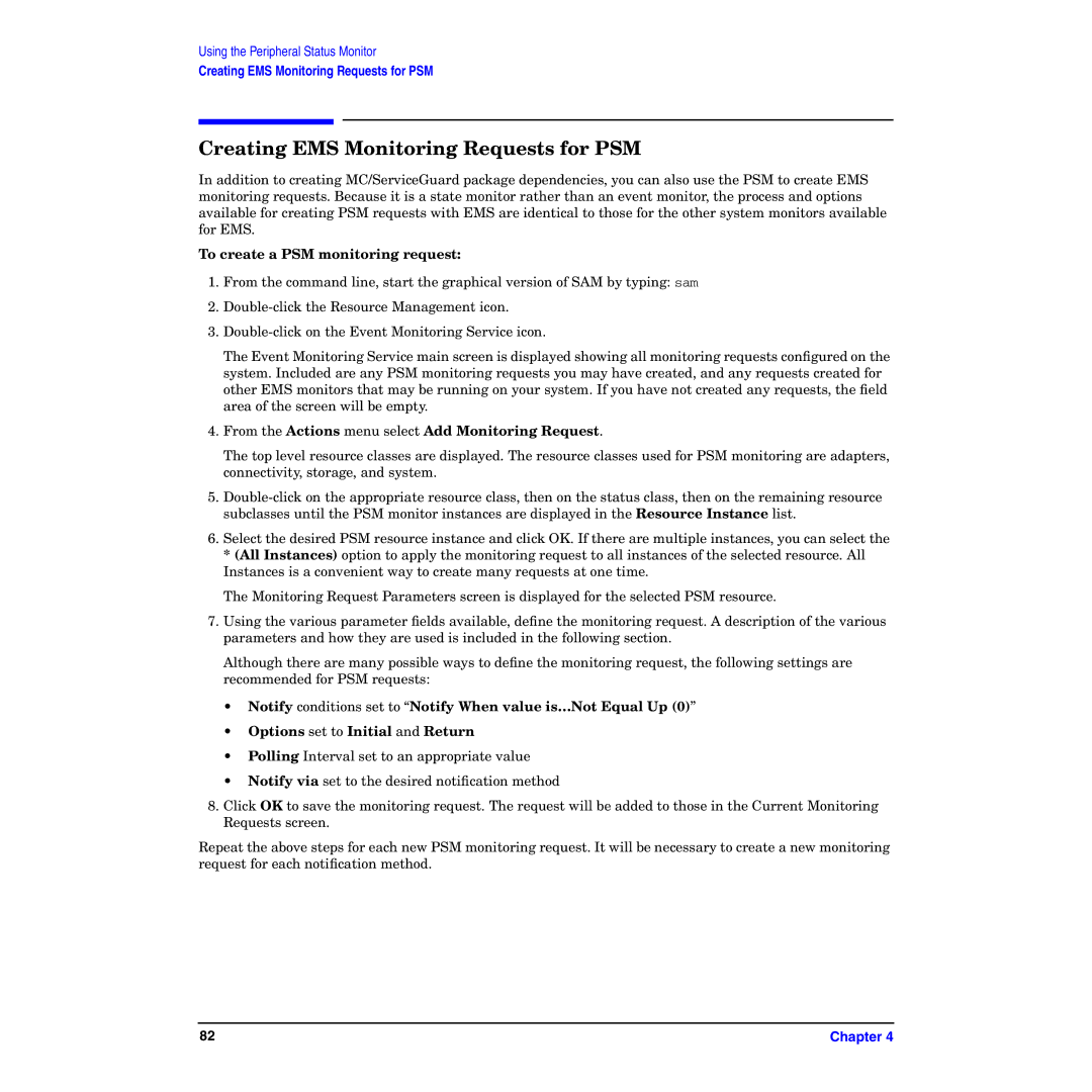 HP B6191-90029 manual Creating EMS Monitoring Requests for PSM, To create a PSM monitoring request 