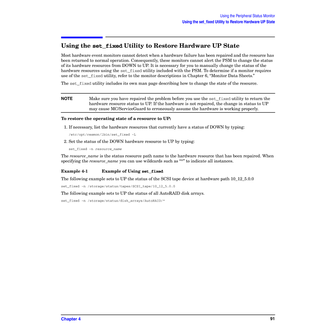 HP B6191-90029 Using the setfixed Utility to Restore Hardware UP State, To restore the operating state of a resource to UP 