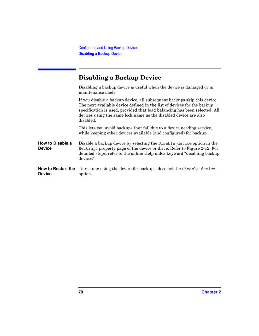 HP B6960-90078 manual Disabling a Backup Device, Deviceoption 