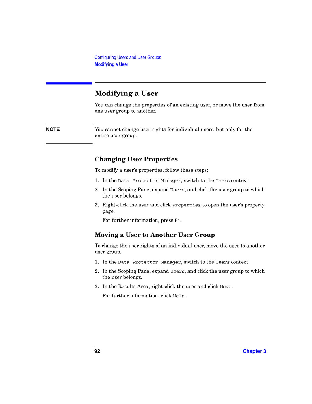 HP B6960-90078 manual Modifying a User, Changing User Properties, Moving a User to Another User Group 