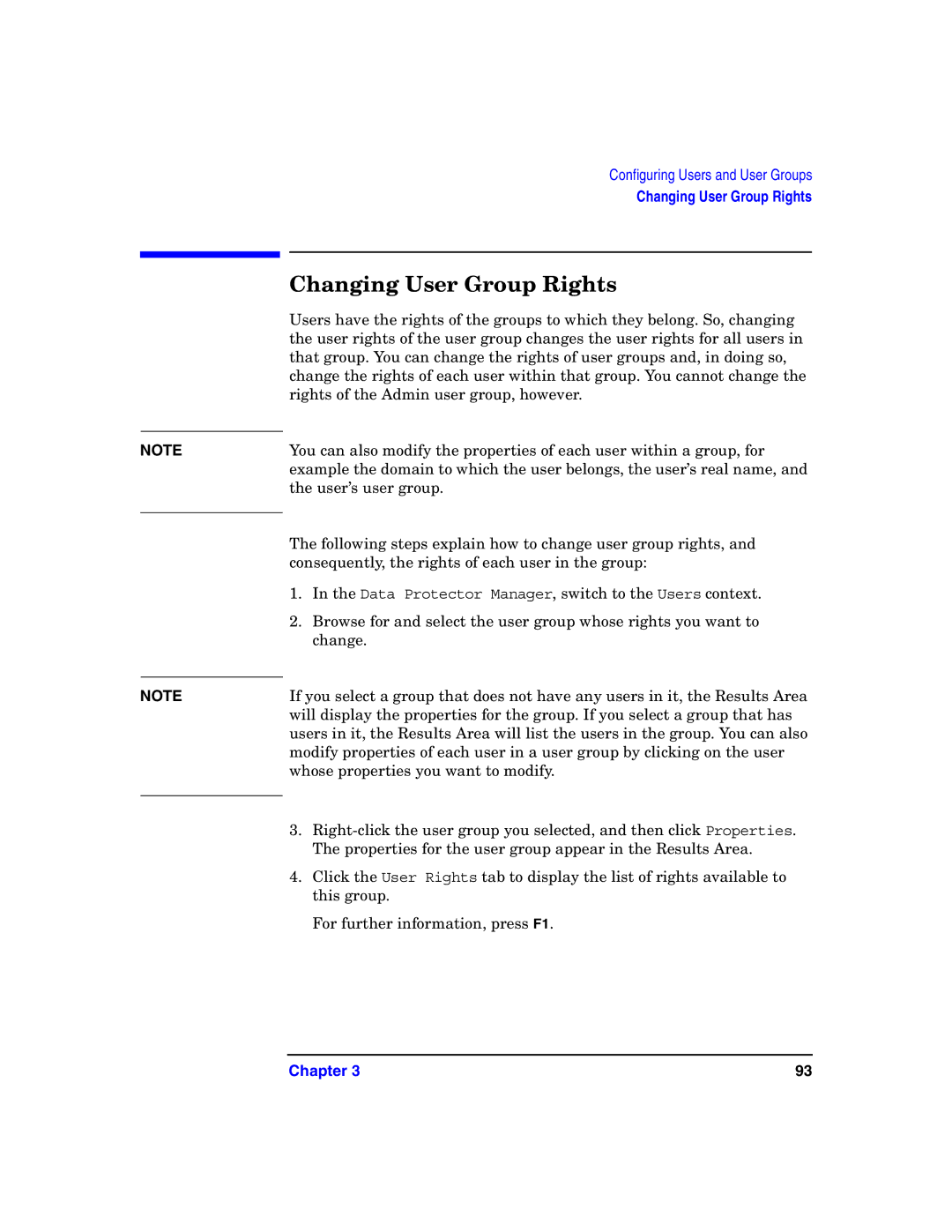 HP B6960-90078 manual Changing User Group Rights 