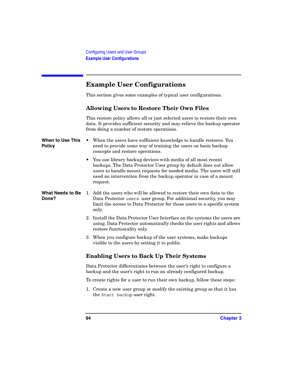 HP B6960-90078 manual Example User Configurations, Allowing Users to Restore Their Own Files, When to Use This, Policy 