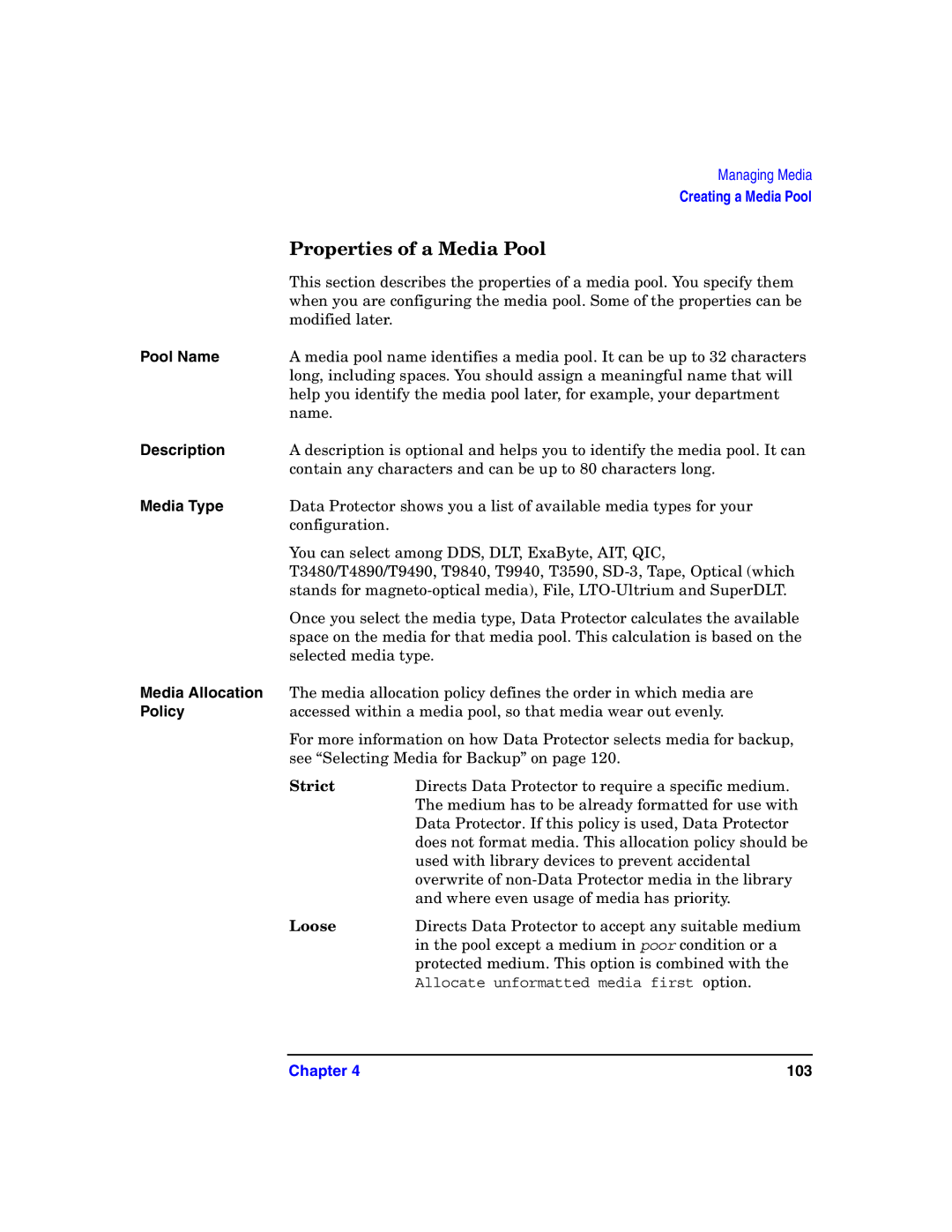 HP B6960-90078 manual Properties of a Media Pool, Pool Name, Description, Media Type, Media Allocation 