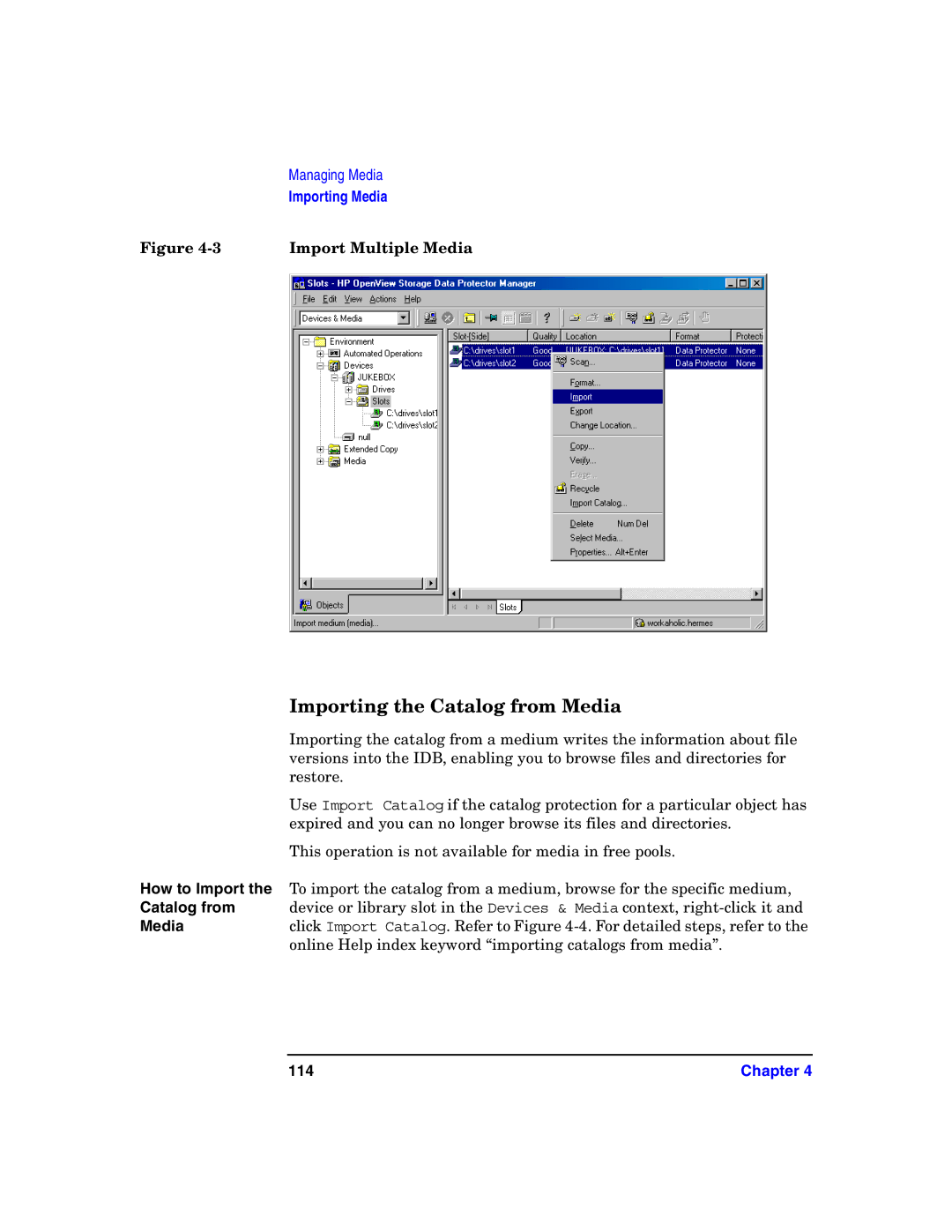 HP B6960-90078 manual Importing the Catalog from Media, Import Multiple Media, 114 