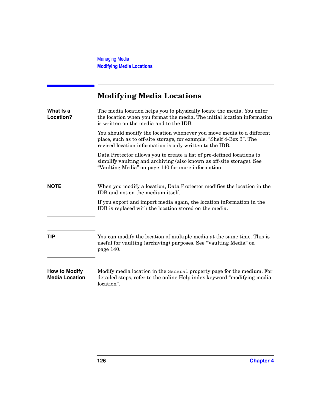 HP B6960-90078 manual Modifying Media Locations, What Is a Location?, How to Modify Media Location, 126 