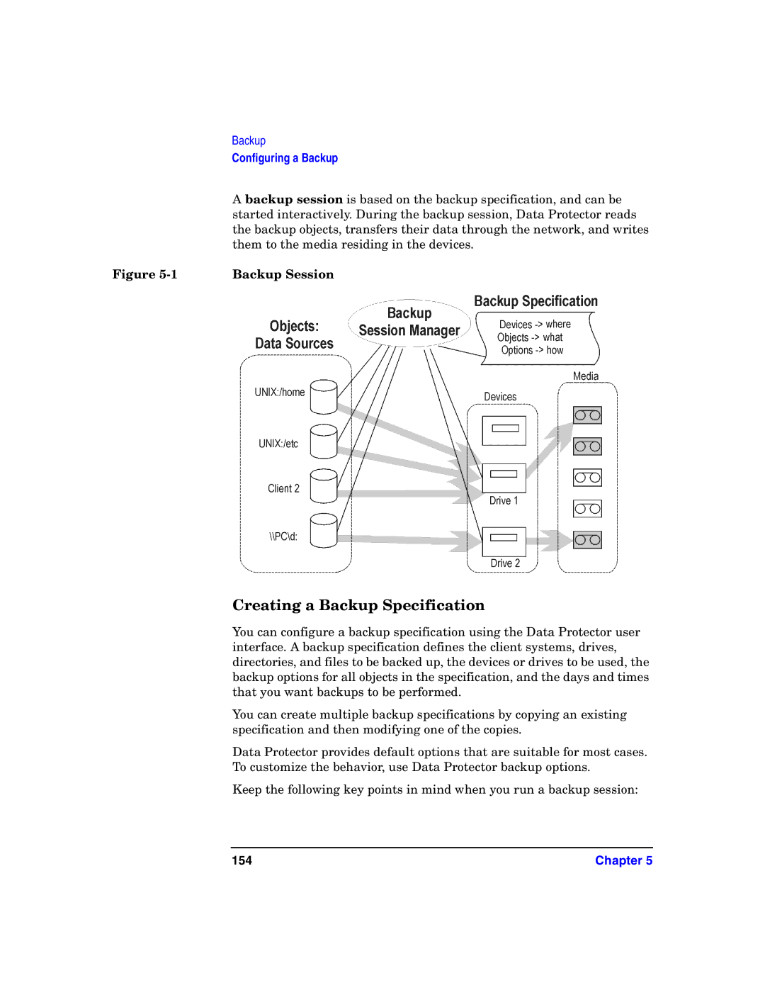 HP B6960-90078 manual Creating a Backup Specification, Backup Session, 154 