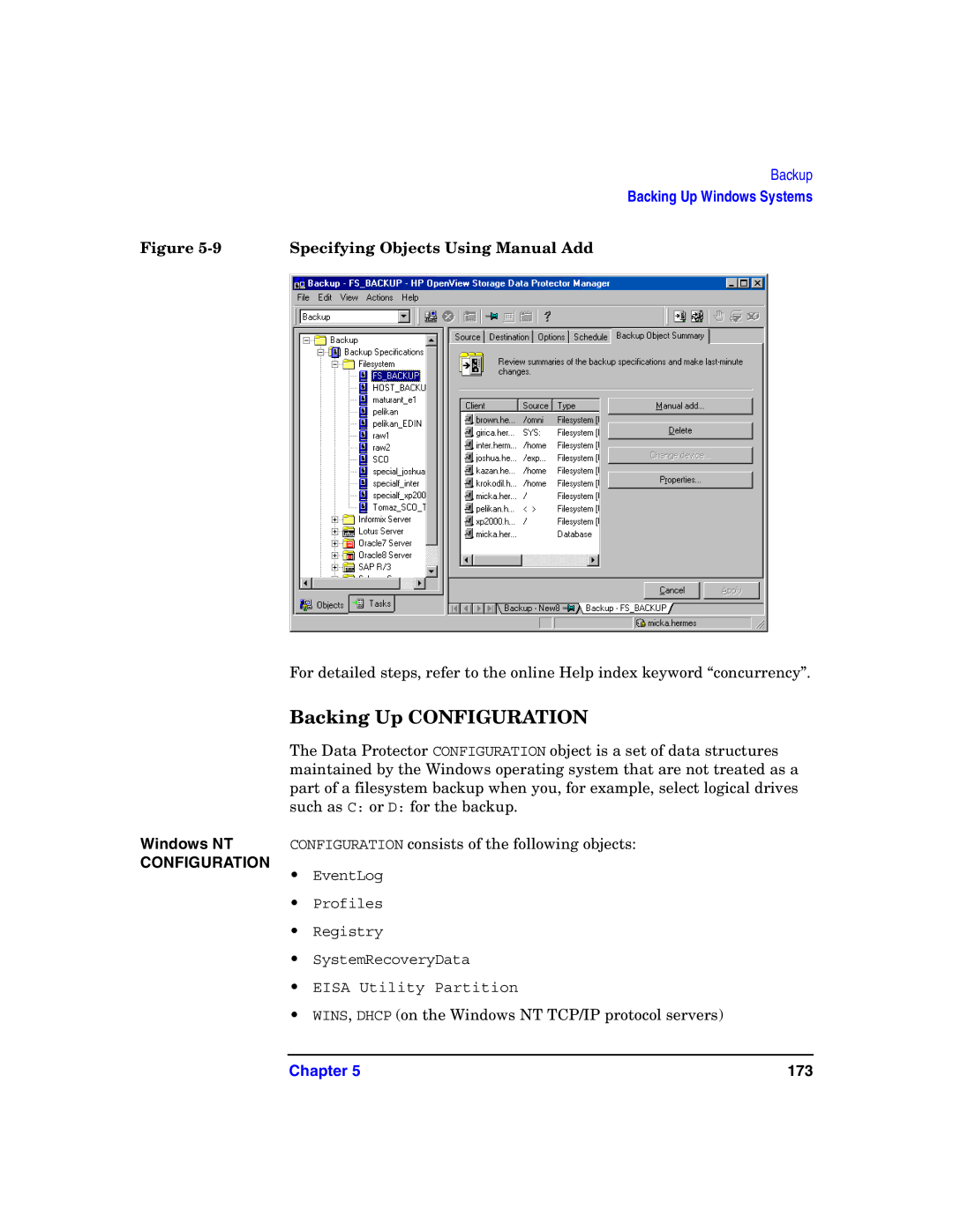 HP B6960-90078 manual Backing Up Configuration, Specifying Objects Using Manual Add, Windows NT 