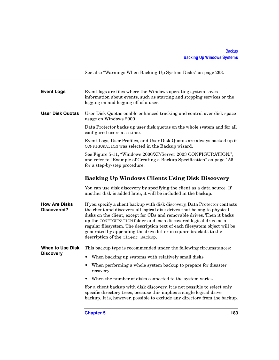HP B6960-90078 Backing Up Windows Clients Using Disk Discovery, Event Logs, User Disk Quotas, How Are Disks, Discovered? 