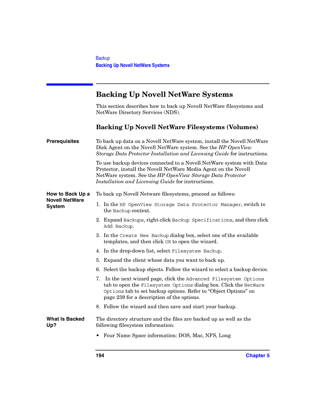 HP B6960-90078 manual Backing Up Novell NetWare Systems, Backing Up Novell NetWare Filesystems Volumes, 194 