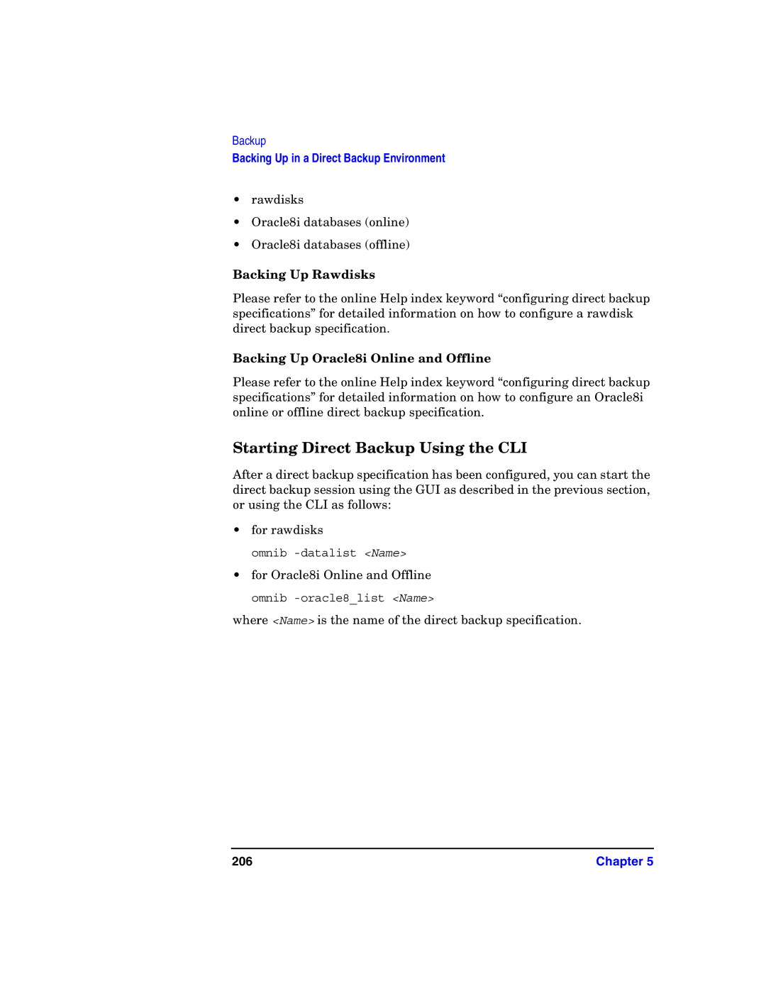 HP B6960-90078 Starting Direct Backup Using the CLI, Backing Up Rawdisks, Backing Up Oracle8i Online and Offline, 206 