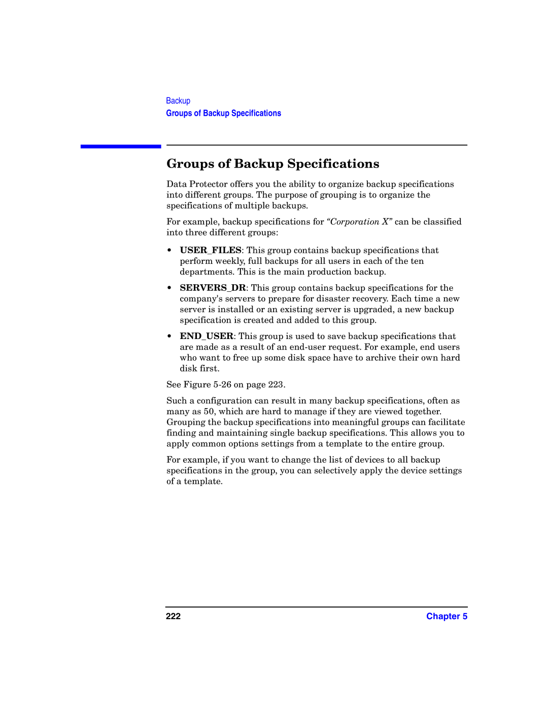 HP B6960-90078 manual Groups of Backup Specifications, 222 