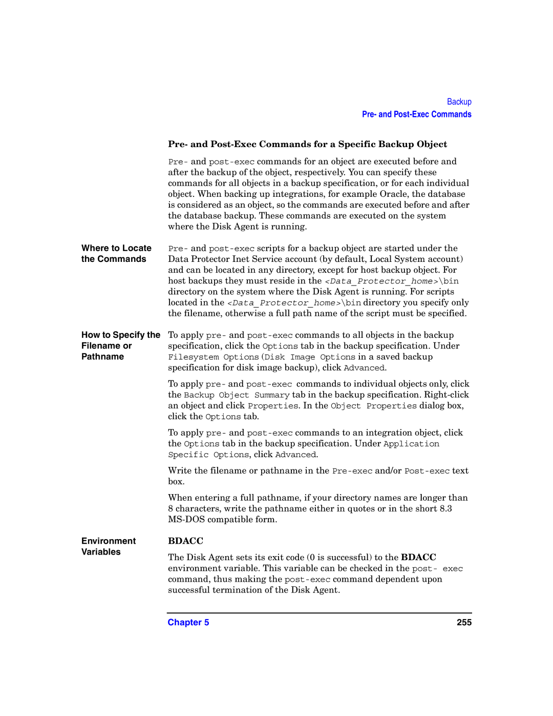 HP B6960-90078 manual Pre- and Post-Exec Commands for a Specific Backup Object, Environment Variables 