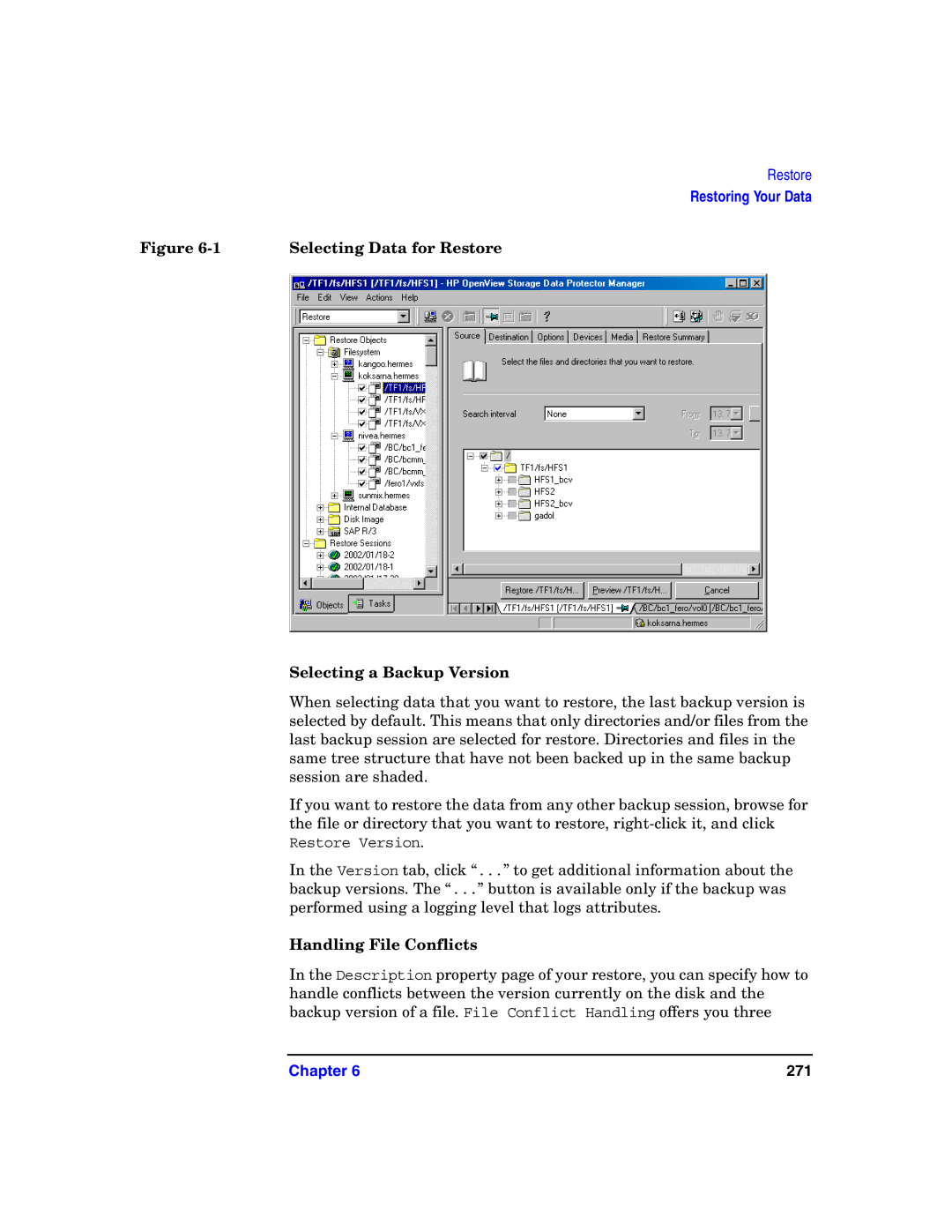 HP B6960-90078 manual Selecting Data for Restore, Selecting a Backup Version, Handling File Conflicts 