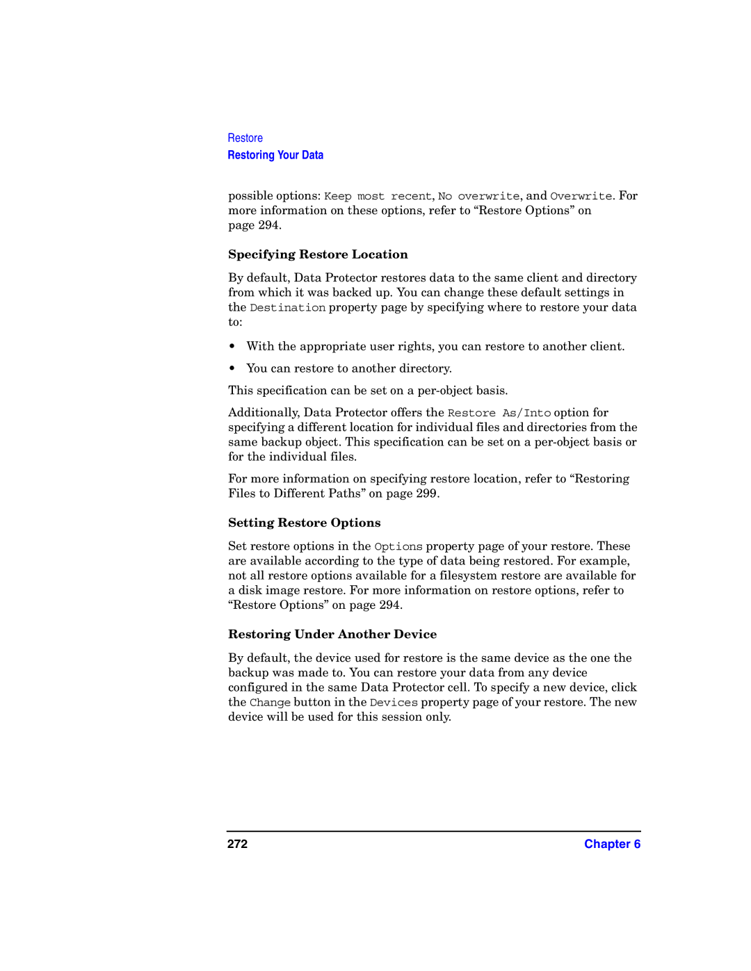HP B6960-90078 manual Specifying Restore Location, Setting Restore Options, Restoring Under Another Device, 272 