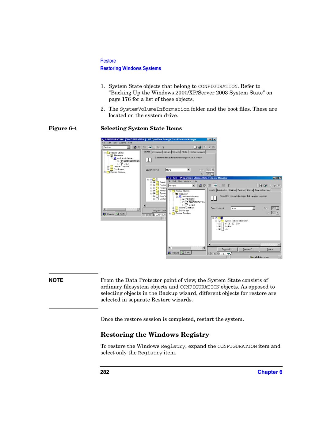 HP B6960-90078 manual Restoring the Windows Registry, Selecting System State Items, 282 