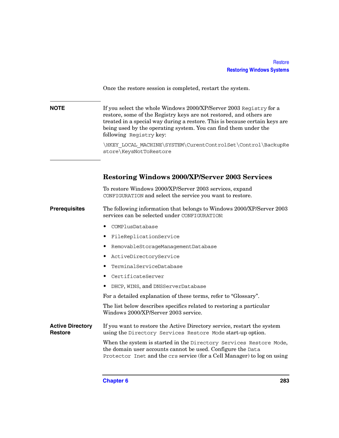 HP B6960-90078 manual Restoring Windows 2000/XP/Server 2003 Services, Active Directory 