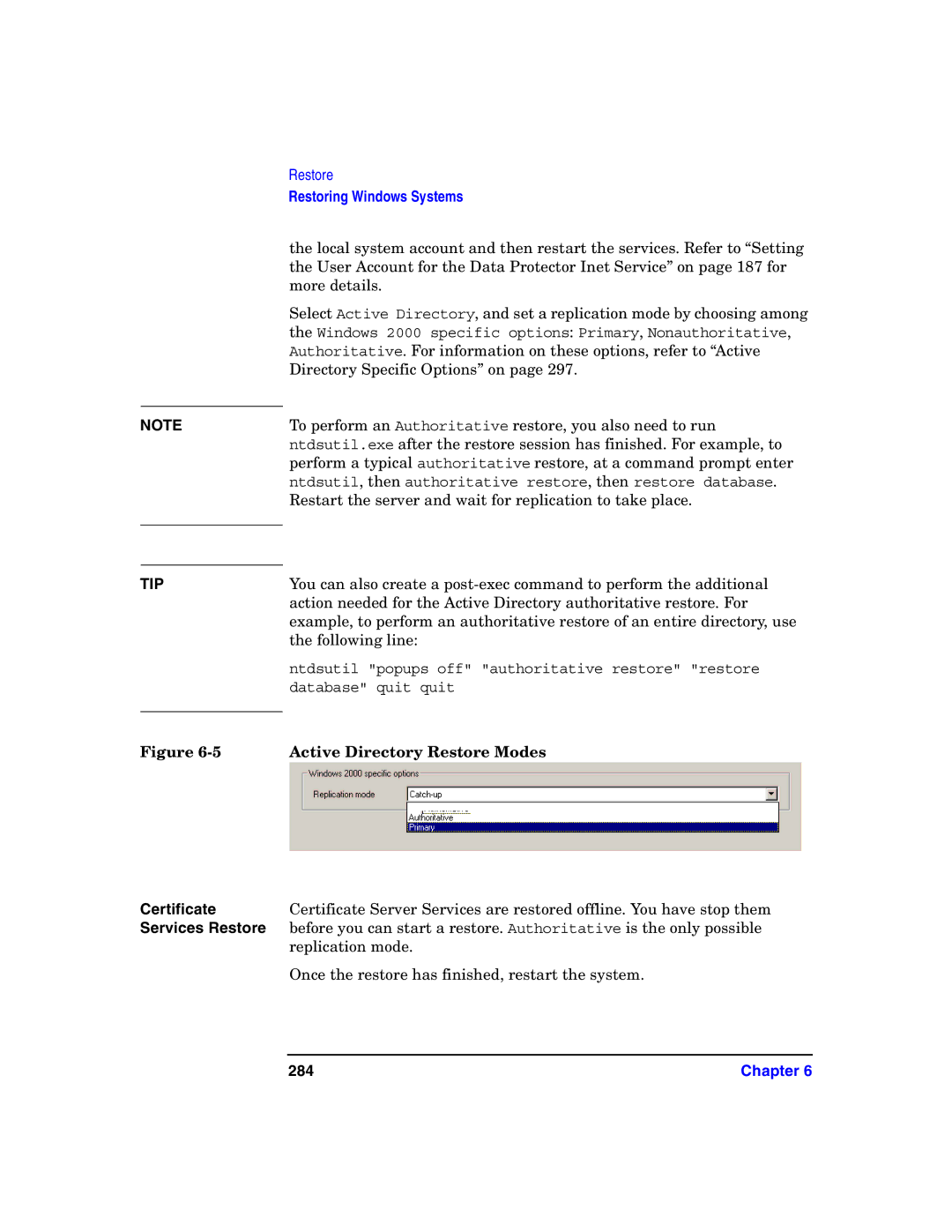 HP B6960-90078 manual Active Directory Restore Modes, Certificate, Services Restore, 284 