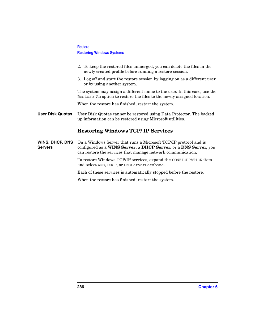 HP B6960-90078 manual Restoring Windows TCP/ IP Services, 286 