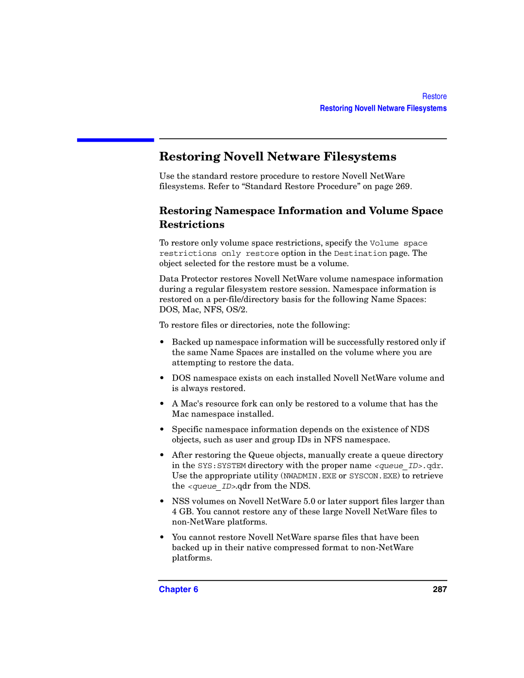 HP B6960-90078 manual Restoring Novell Netware Filesystems 