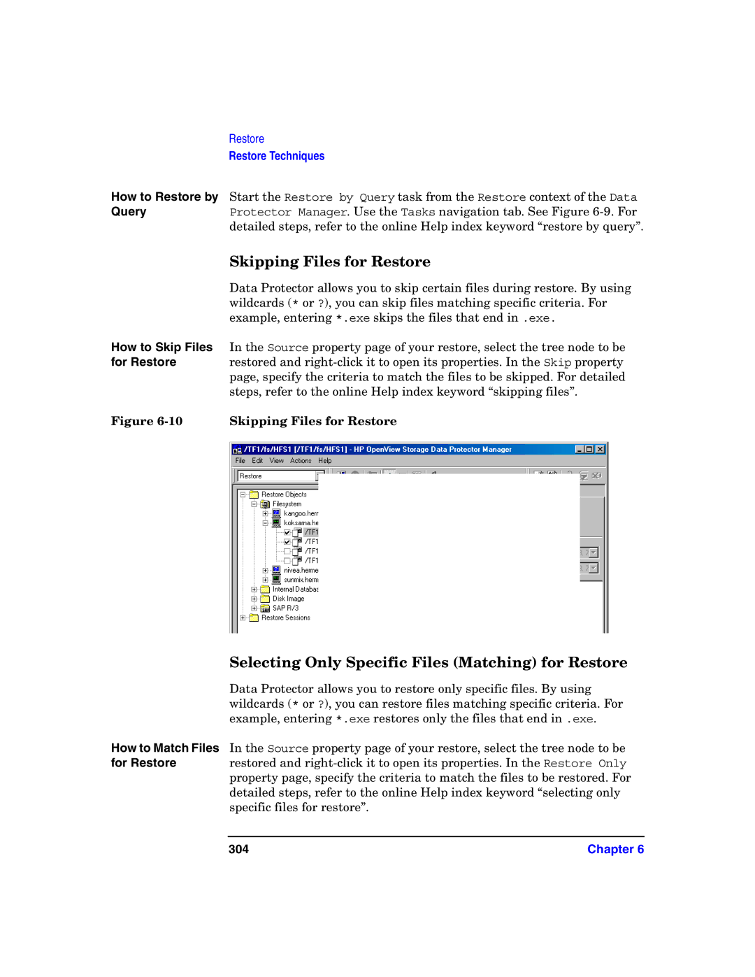 HP B6960-90078 manual Skipping Files for Restore, Selecting Only Specific Files Matching for Restore, 304 