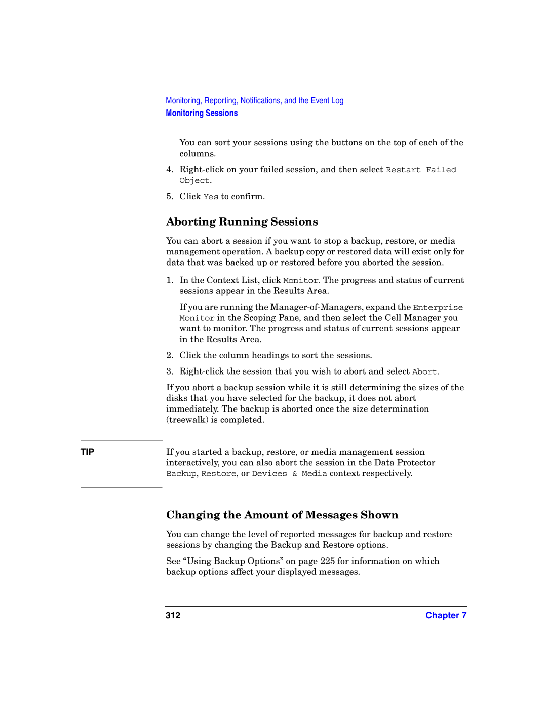 HP B6960-90078 manual Aborting Running Sessions, Changing the Amount of Messages Shown, 312 