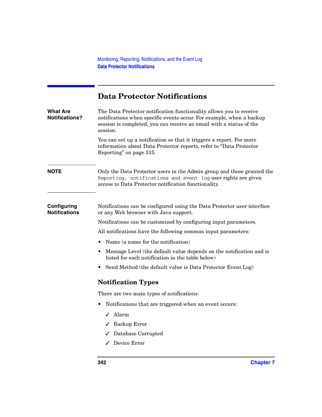HP B6960-90078 Data Protector Notifications, Notification Types, What Are Notifications? Configuring Notifications, 342 