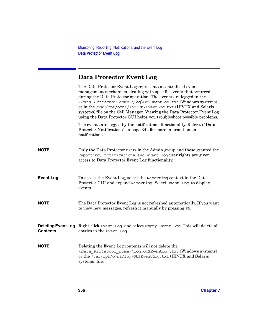 HP B6960-90078 manual Data Protector Event Log, Event Log Deleting Event Log Contents, 356 