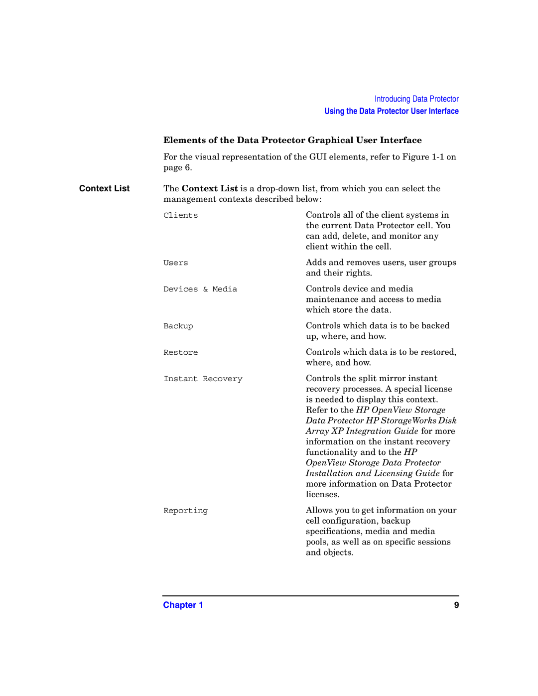 HP B6960-90078 manual Elements of the Data Protector Graphical User Interface, Context List 