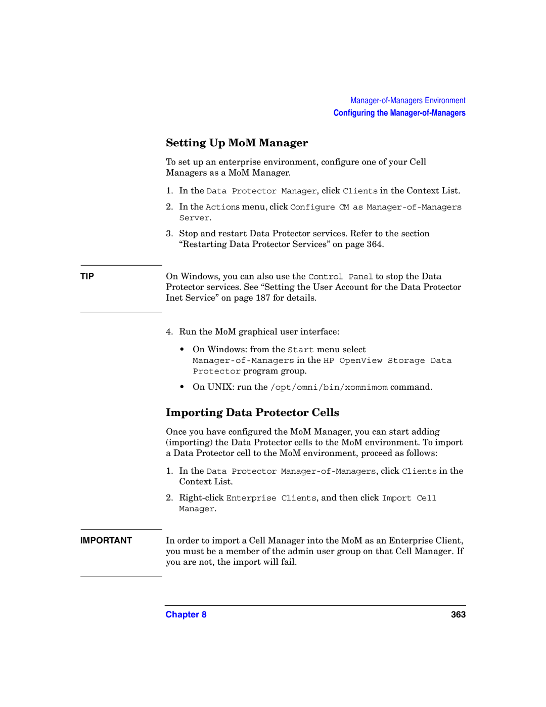 HP B6960-90078 manual Setting Up MoM Manager, Importing Data Protector Cells 