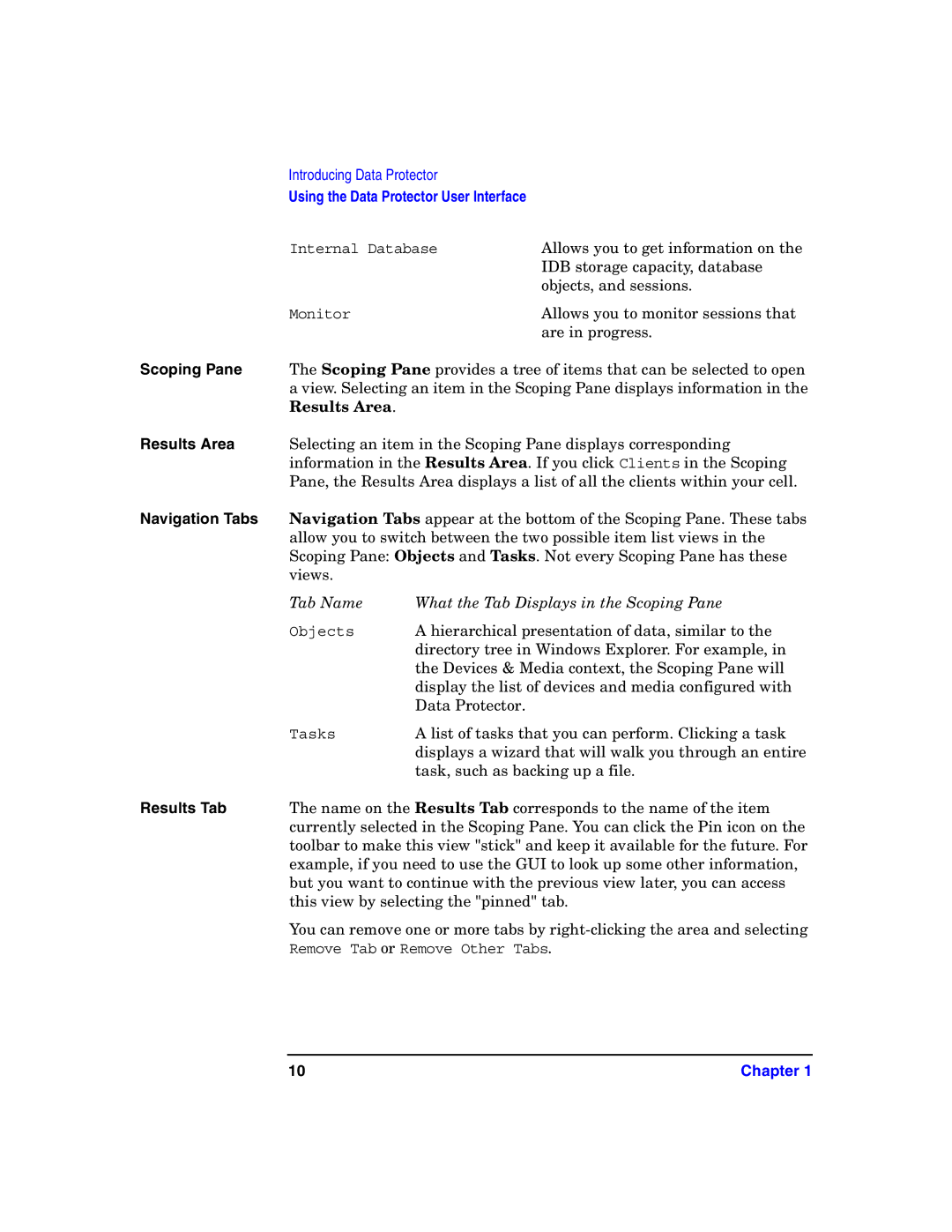 HP B6960-90078 manual Scoping Pane, Results Area, Navigation Tabs, Results Tab 