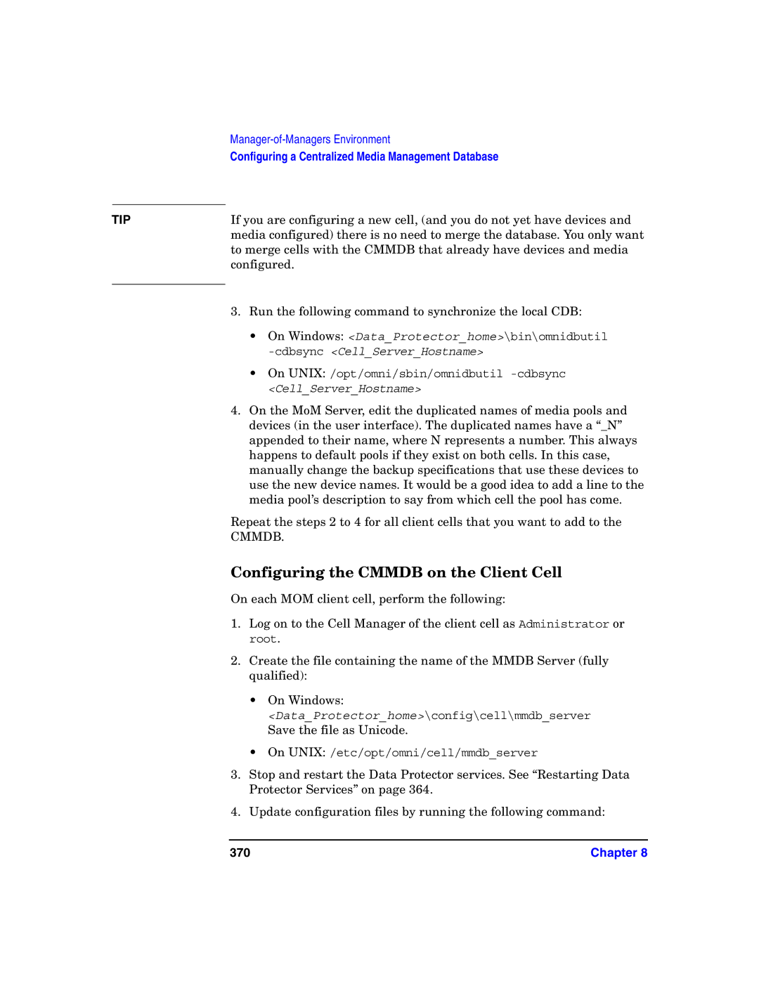 HP B6960-90078 manual Configuring the Cmmdb on the Client Cell, 370 