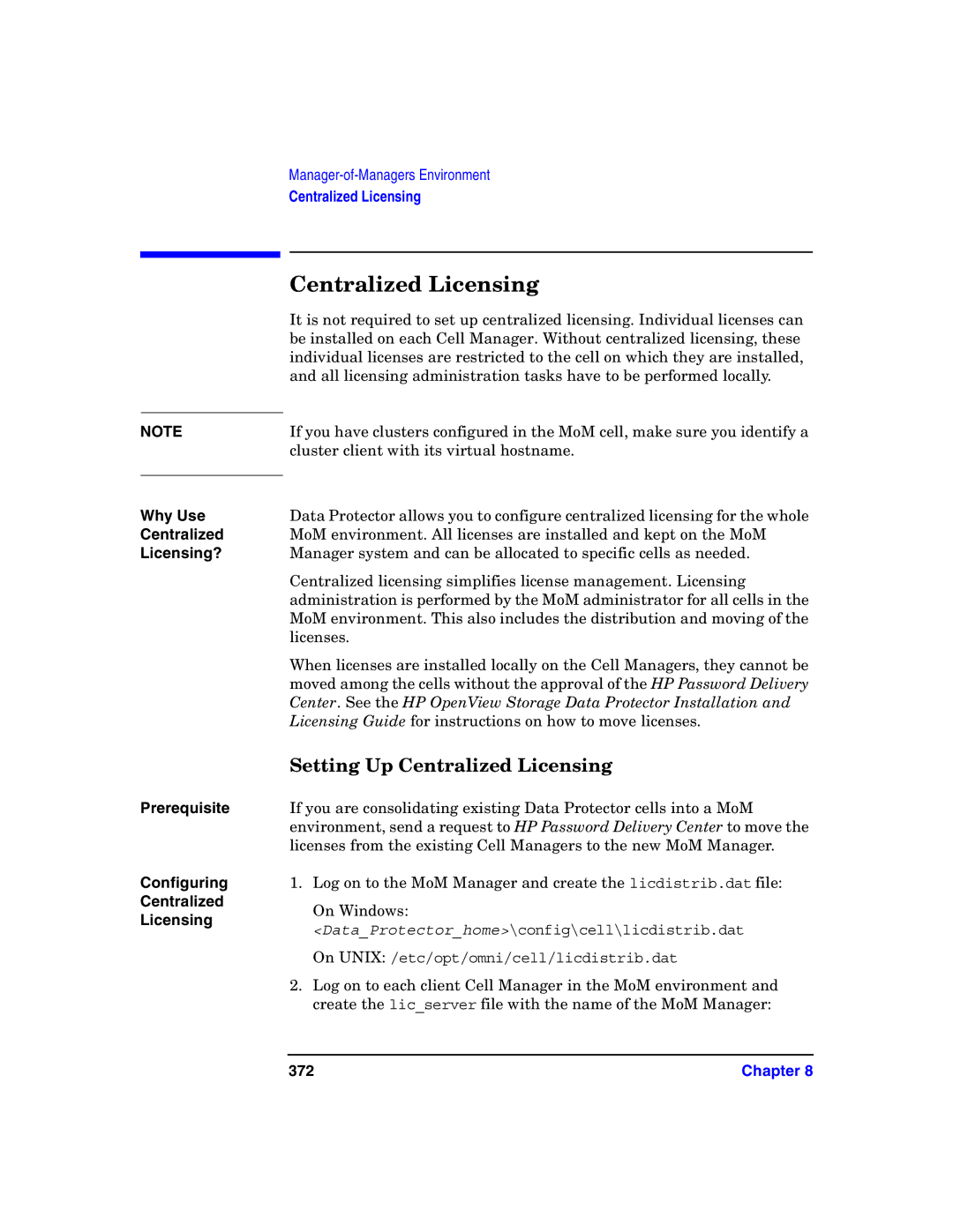 HP B6960-90078 manual Setting Up Centralized Licensing, Why Use Centralized Licensing? Prerequisite Configuring, 372 