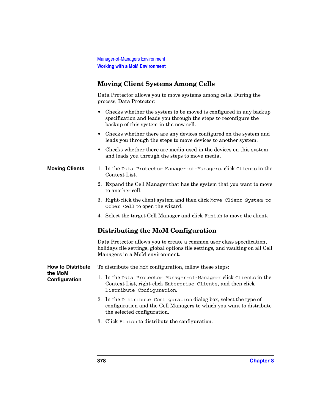 HP B6960-90078 manual Moving Client Systems Among Cells, Distributing the MoM Configuration, 378 