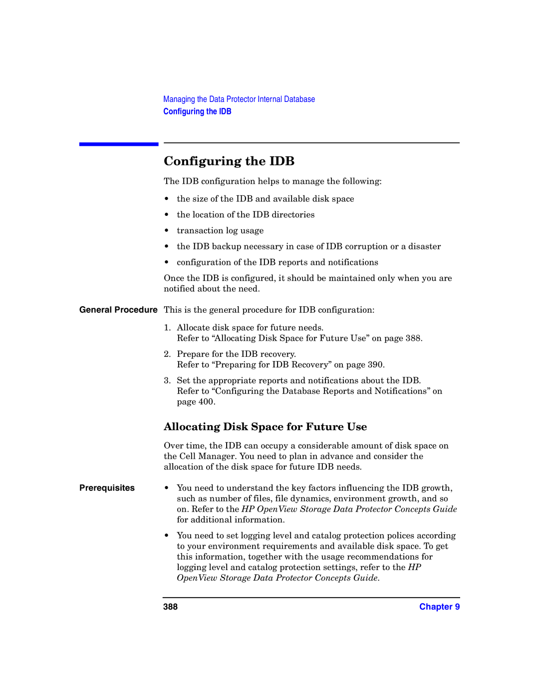 HP B6960-90078 manual Configuring the IDB, Allocating Disk Space for Future Use, 388 