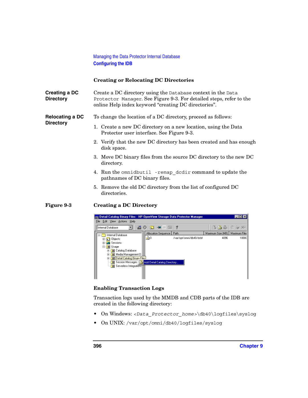 HP B6960-90078 manual Creating or Relocating DC Directories, Creating a DC Directory, Enabling Transaction Logs, 396 